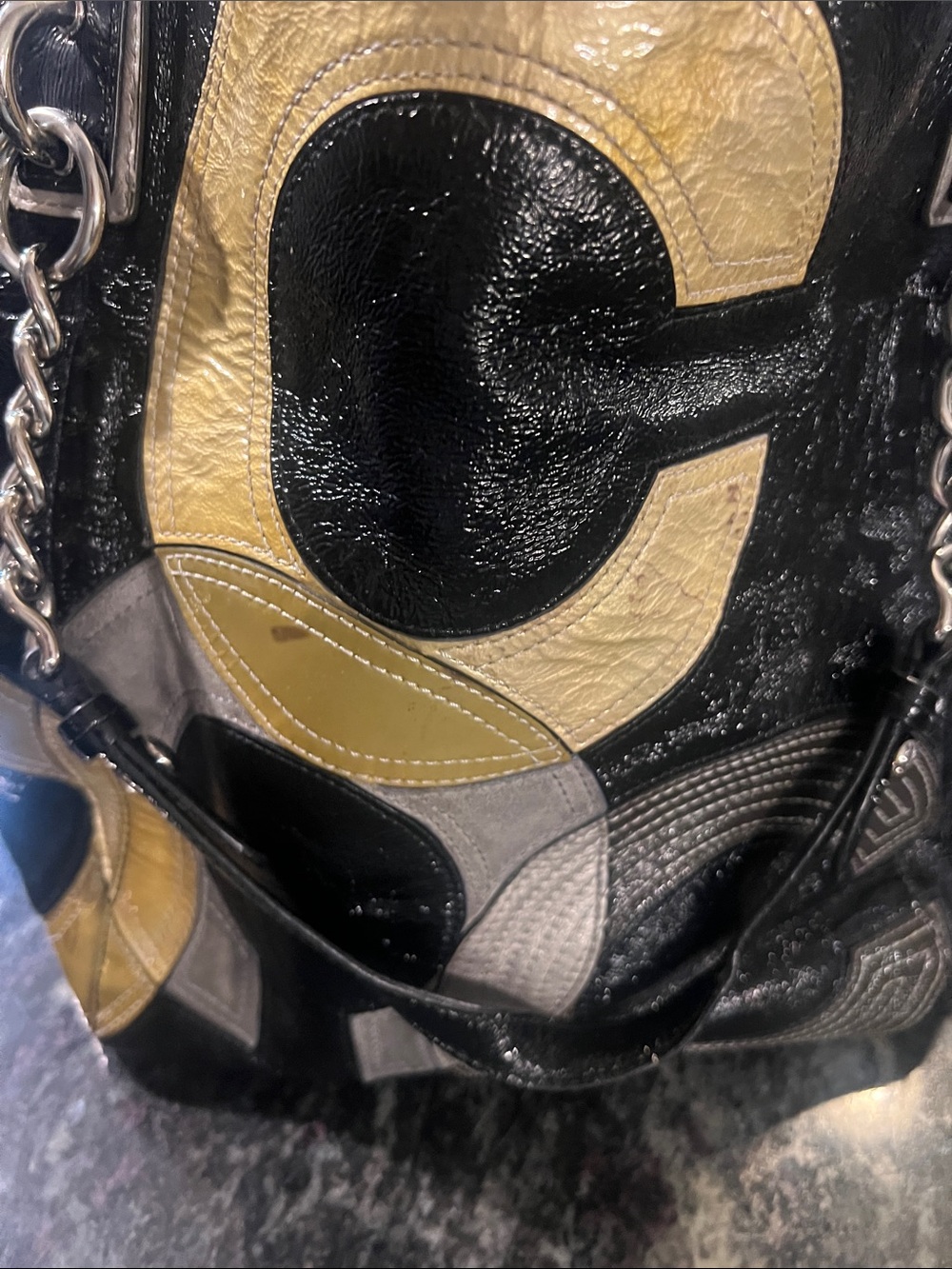 Coach patent leather Black Tote with gold and Gray suede C’s - Picture 10 of 11